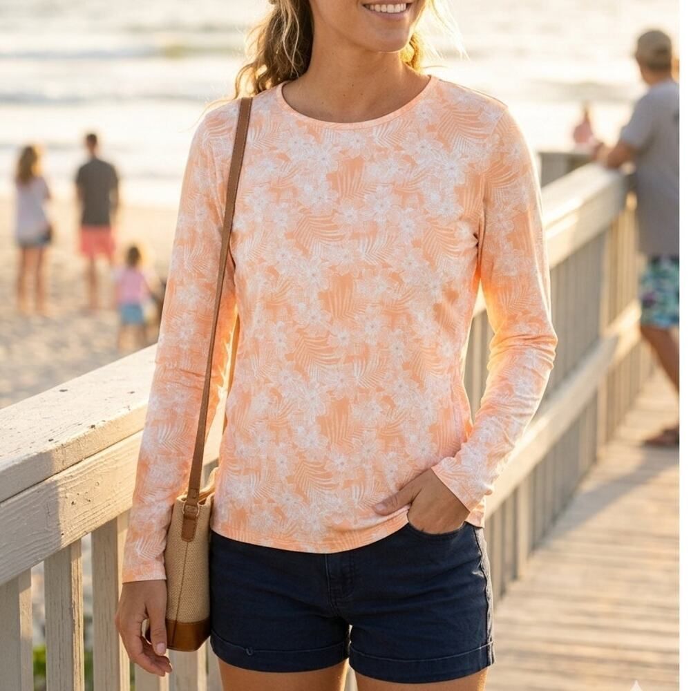 Hang Ten UPF 50+ Peach Floral Quick Dry Top XL Zip Pocket Outdoor Beachwear NWT